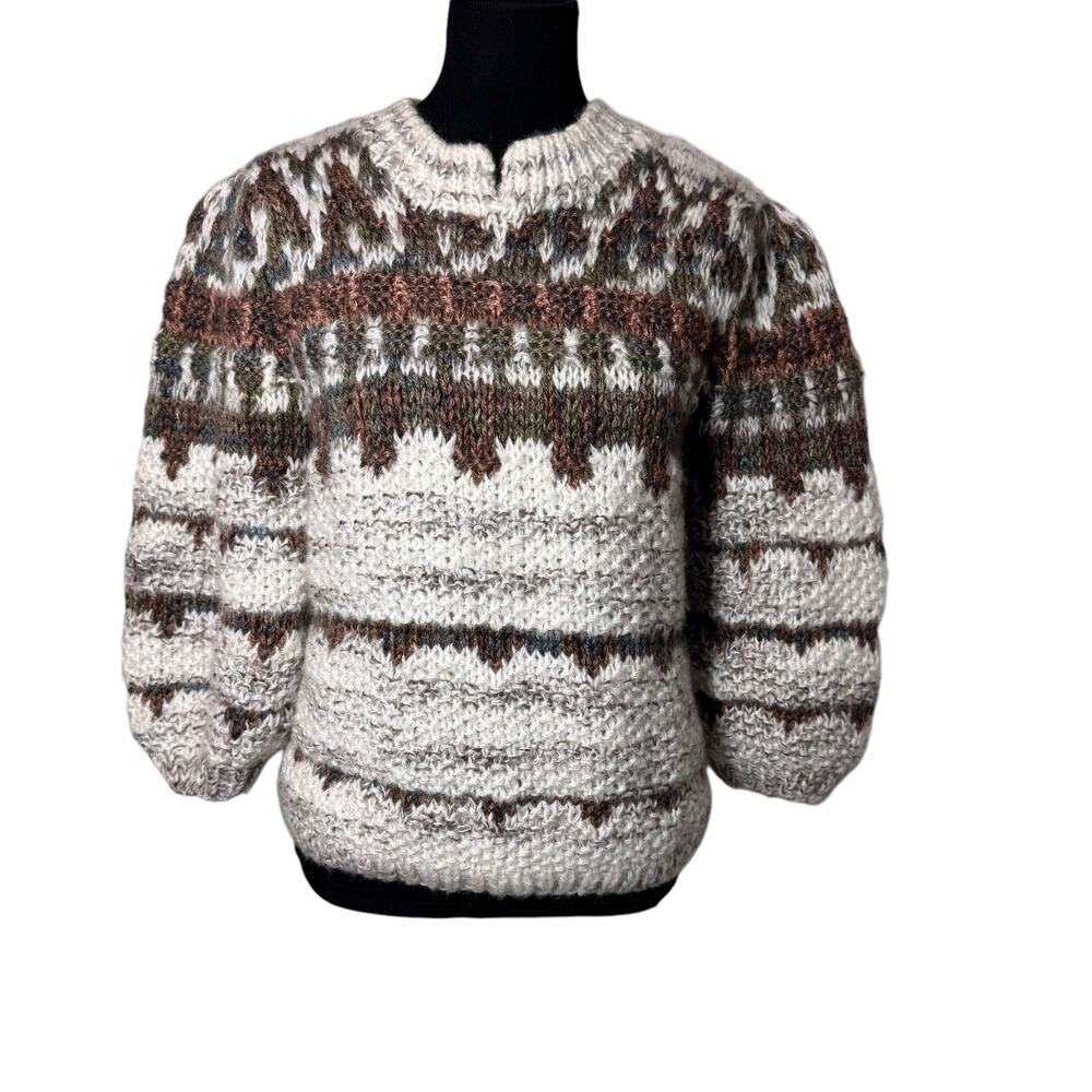 Lauren Hansen Hand Knit Sweater Gray Tan Size Large Boxy‎